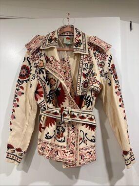 FARM Rio Cream Trench Jacket with Red & Pink Floral Embroidery